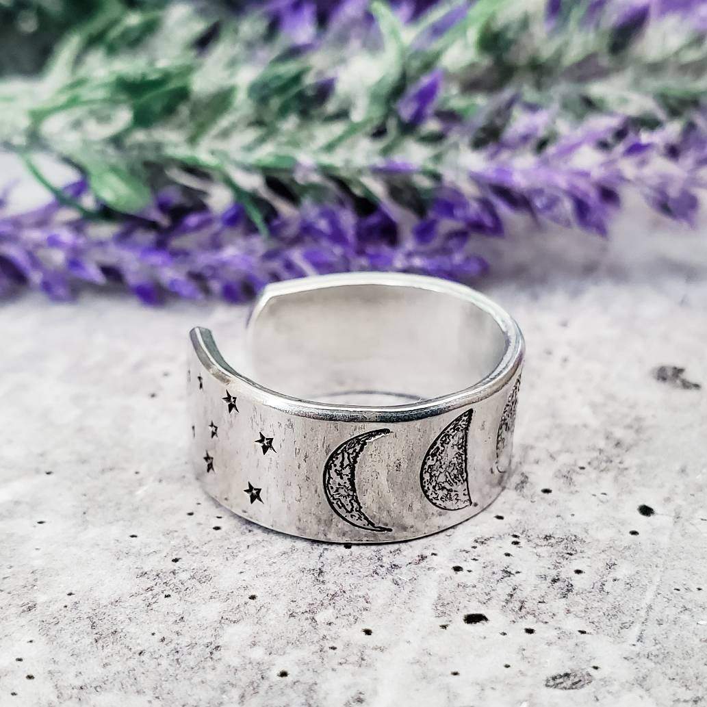 Moon Phases Celestial Silver Ring – Hand Stamped Lunar Jewelry