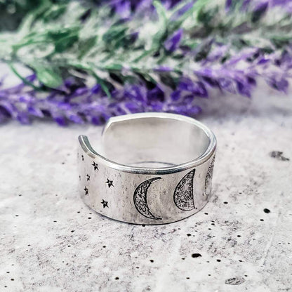 Moon Phases Celestial Silver Ring – Hand Stamped Lunar Jewelry