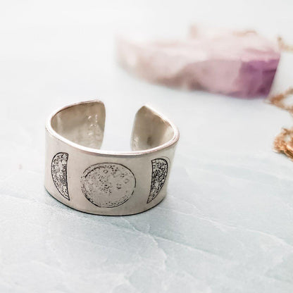 Moon Phases Celestial Silver Ring – Hand Stamped Lunar Jewelry
