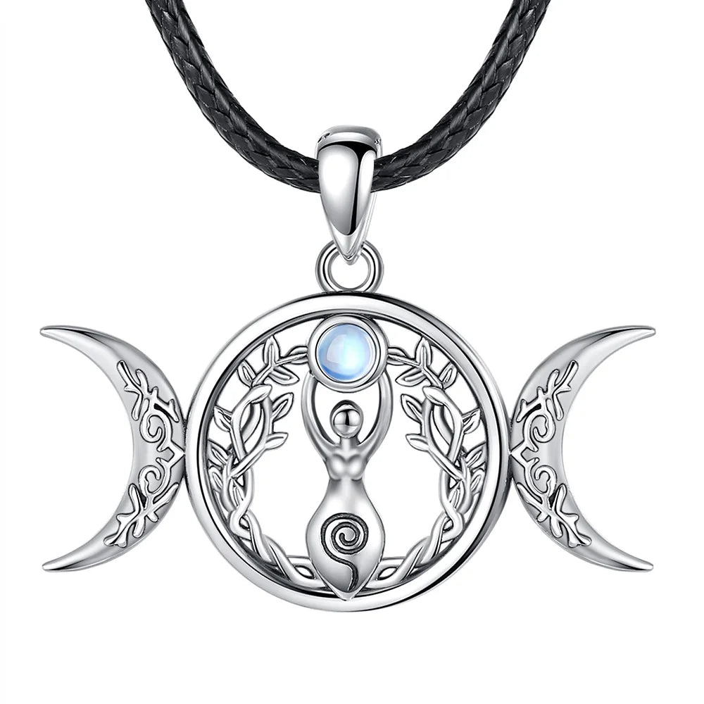 Moonstone Triple Moon Goddess Sterling Silver Necklace – with 24inch rope 925 sterling silver