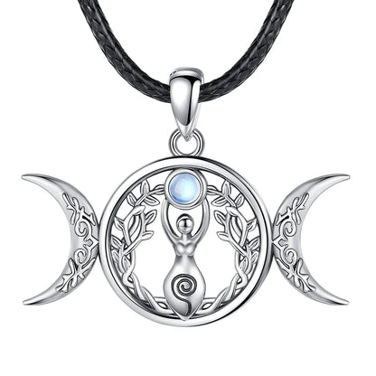 Moonstone Triple Moon Goddess Sterling Silver Necklace – with 24inch rope 925 sterling silver