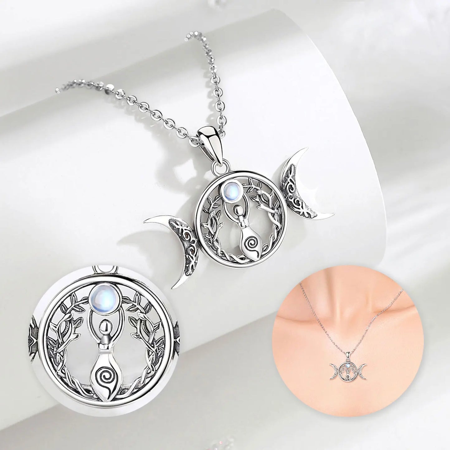Moonstone Triple Moon Goddess Sterling Silver Necklace – 925 sterling silver