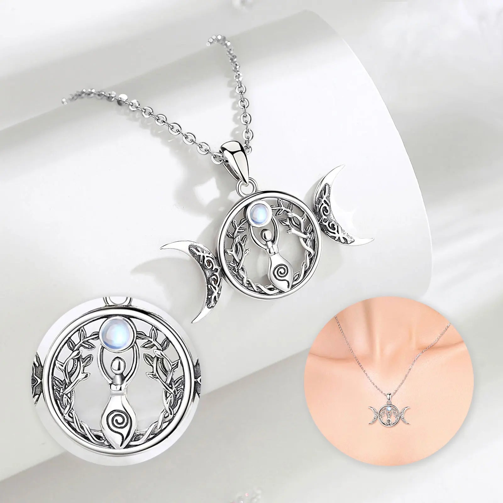 Moonstone Triple Moon Goddess Sterling Silver Necklace – 925 sterling silver