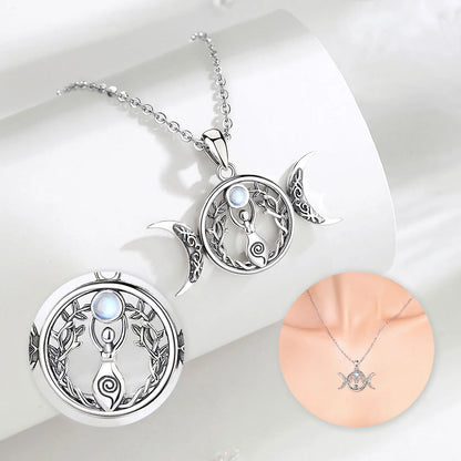 Moonstone Triple Moon Goddess Sterling Silver Necklace – 925 sterling silver