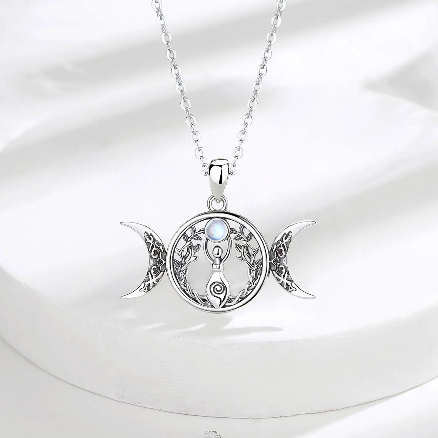 Moonstone Triple Moon Goddess Sterling Silver Necklace – 925 sterling silver