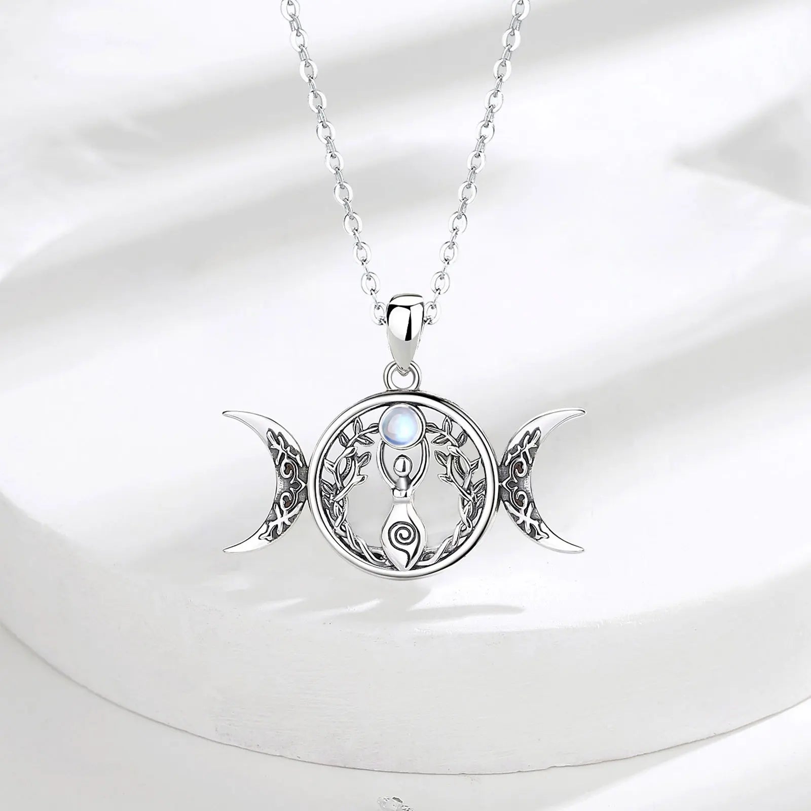 Moonstone Triple Moon Goddess Sterling Silver Necklace – 925 sterling silver