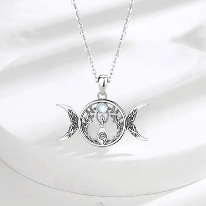 Moonstone Triple Moon Goddess Sterling Silver Necklace – 925 sterling silver