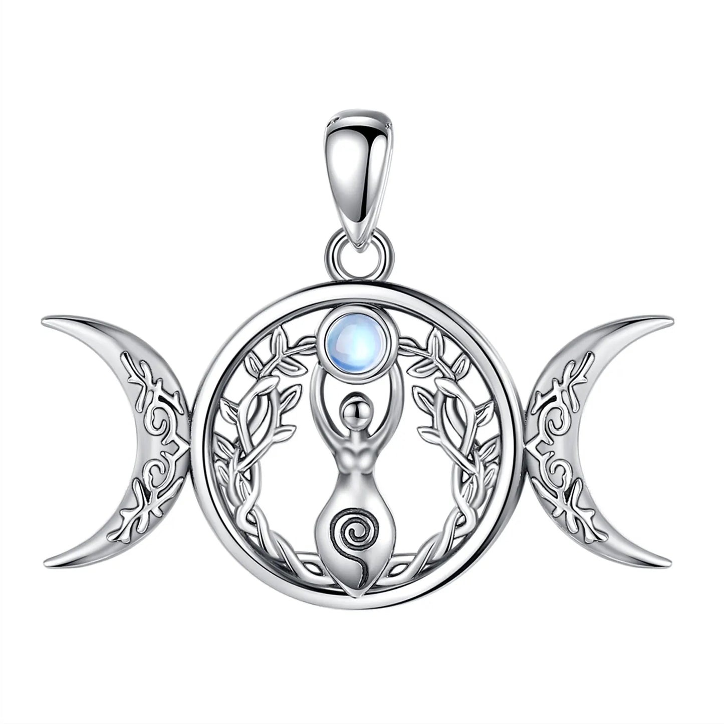 Moonstone Triple Moon Goddess Sterling Silver Necklace – 925 sterling silver