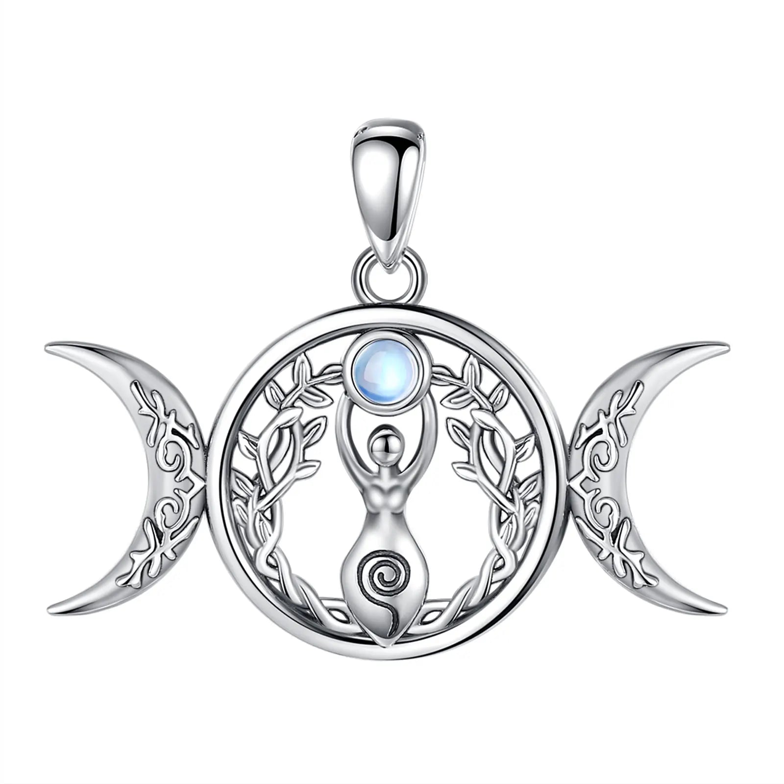 Moonstone Triple Moon Goddess Sterling Silver Necklace – 925 sterling silver