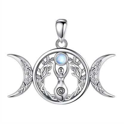 Moonstone Triple Moon Goddess Sterling Silver Necklace – 925 sterling silver
