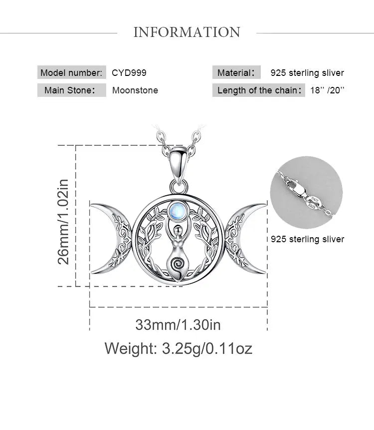 Moonstone Triple Moon Goddess Sterling Silver Necklace – 925 sterling silver