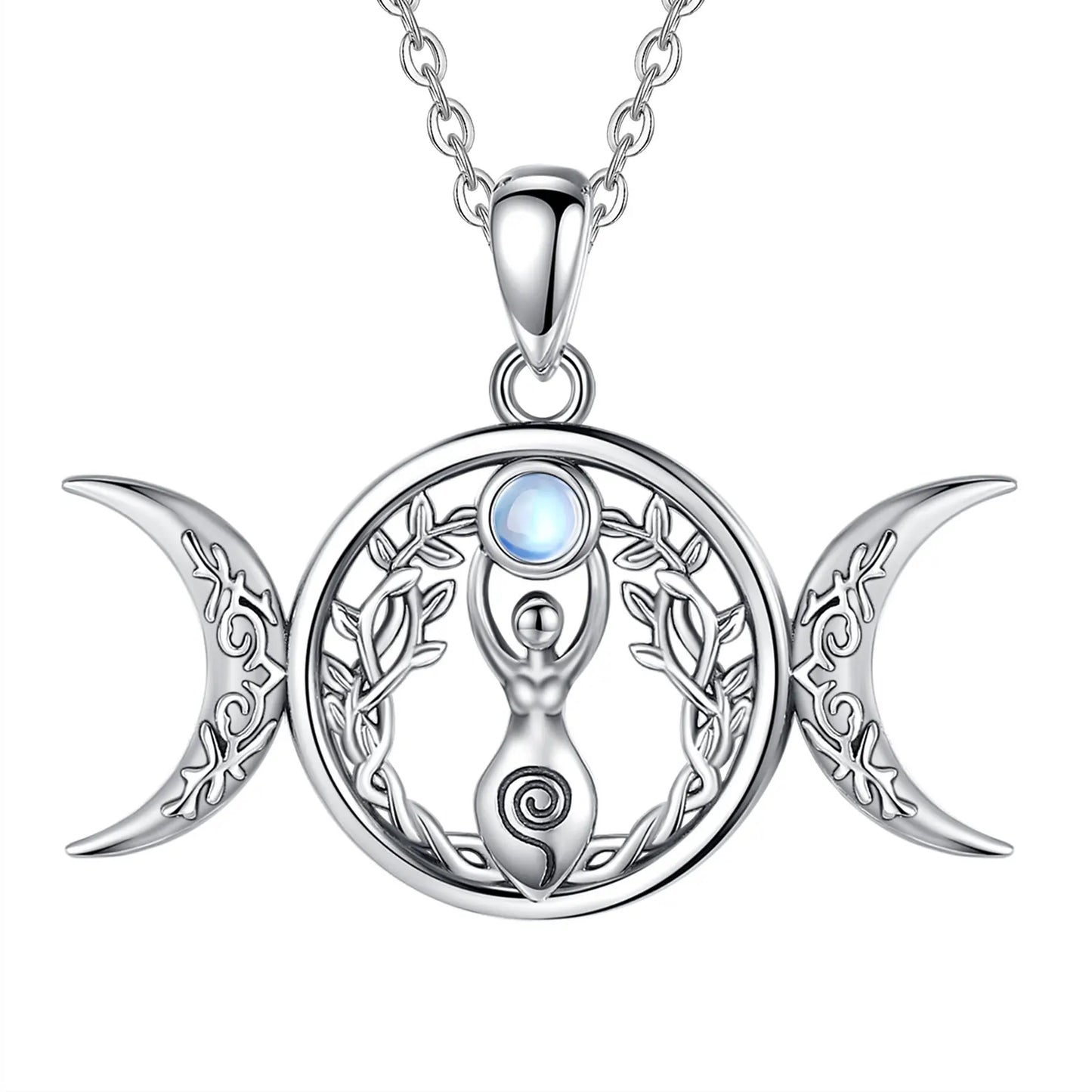 Moonstone Triple Moon Goddess Sterling Silver Necklace – with 20inch chain 925 sterling silver