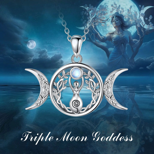 Moonstone Triple Moon Goddess Sterling Silver Necklace – 925 sterling silver
