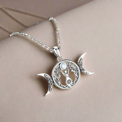 Moonstone Triple Moon Goddess Sterling Silver Necklace – 925 sterling silver
