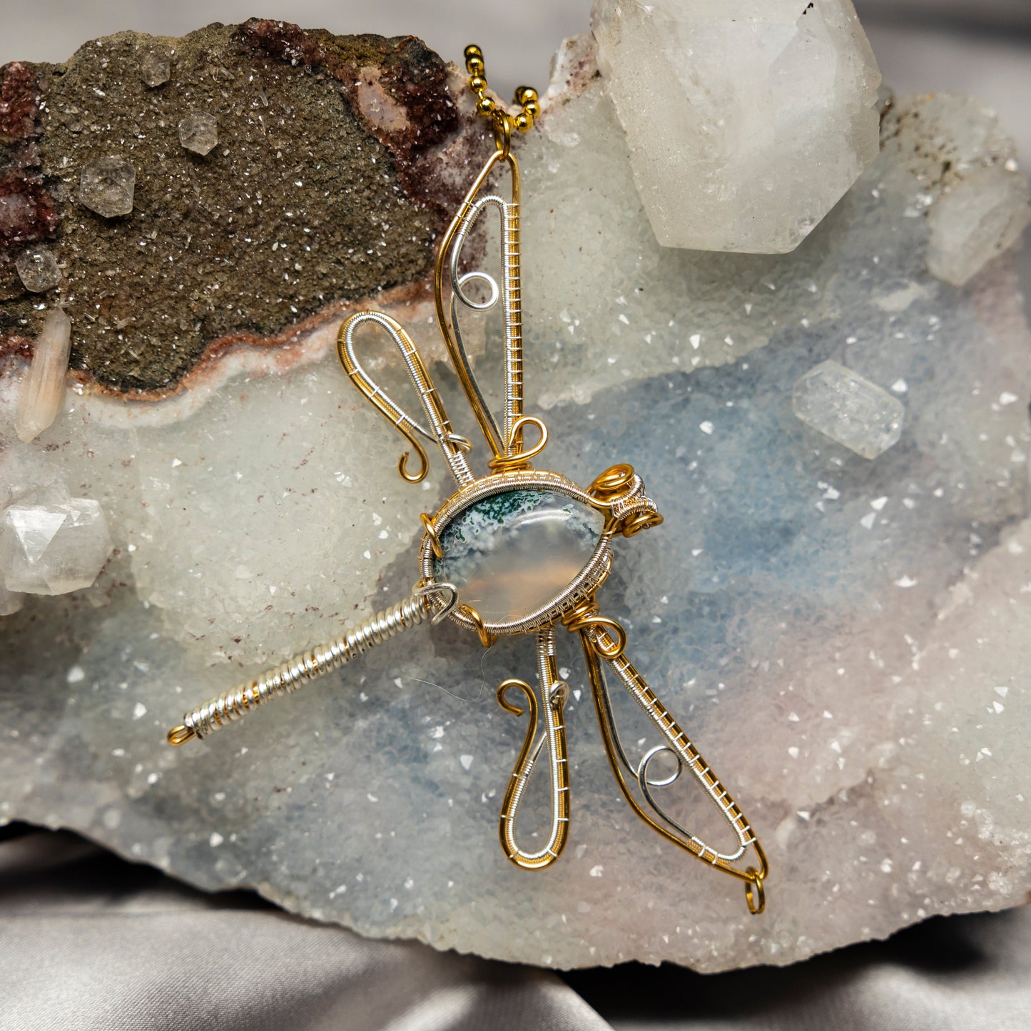 Moss Agate "Dragonfly" Wire Wrap Crystal Pendant