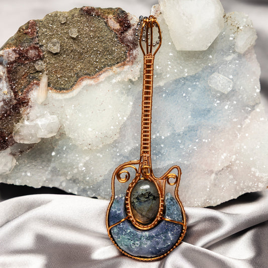 Moss Agate & Labradorite "Bass" Wire Wrap Crystal Pendant