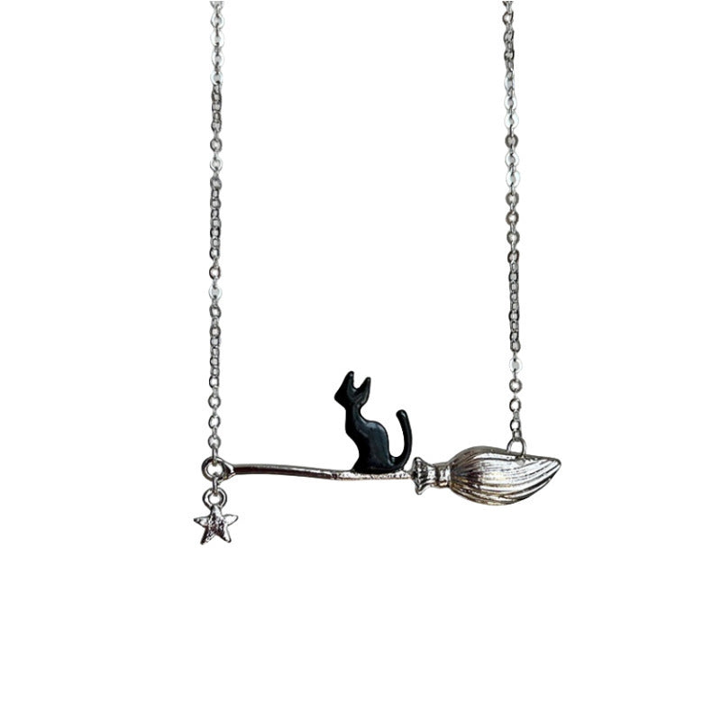 Cat Halloween Ornaments Magic Broom Black Necklaces