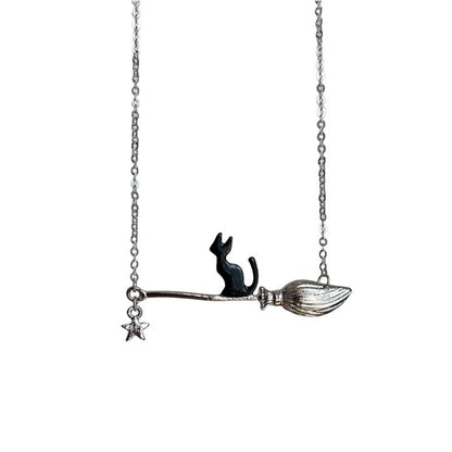 Cat Halloween Ornaments Magic Broom Black Necklaces
