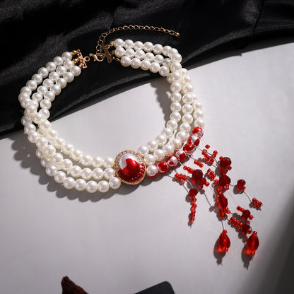 Halloween Imitation Pearl Collar Vintage Gothic Style Blood Drop Necklaces