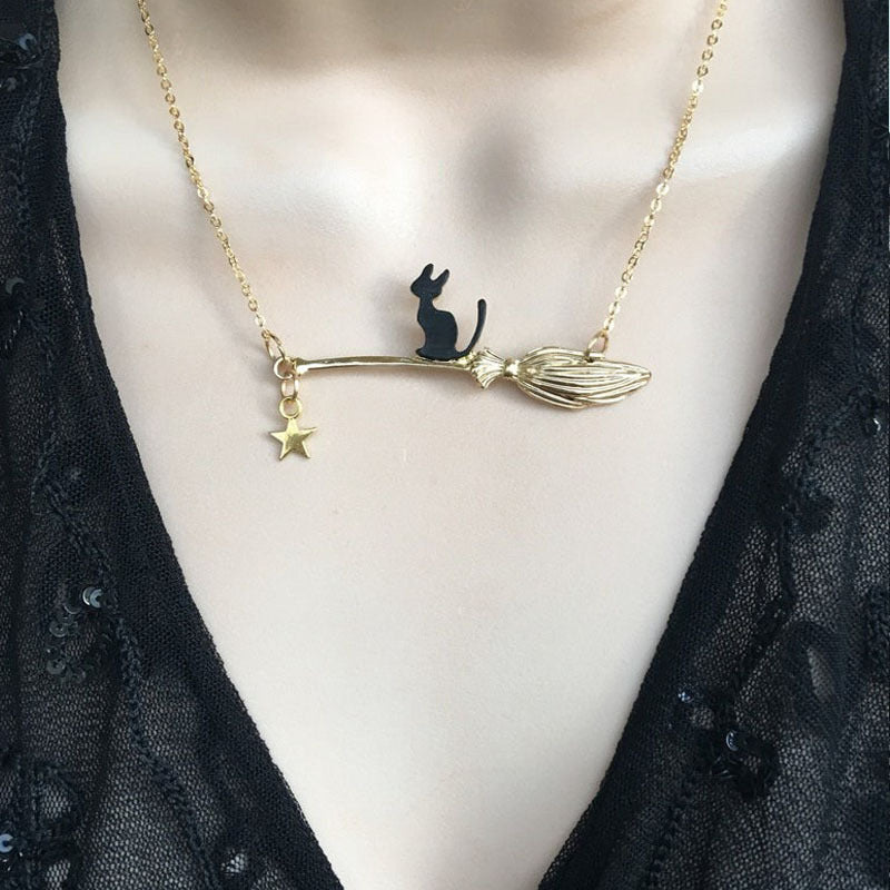 Cat Halloween Ornaments Magic Broom Black Necklaces