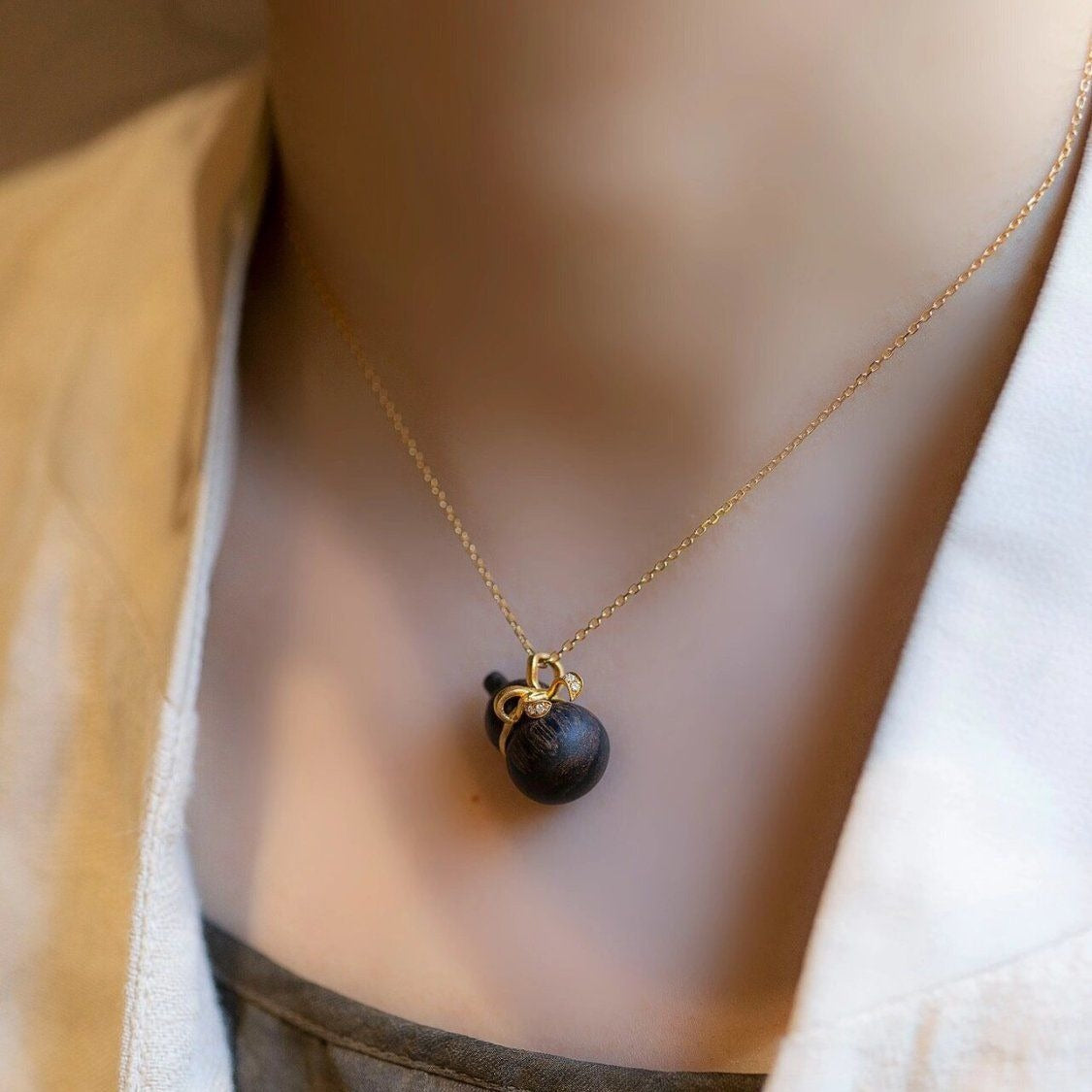 Retro Chinese Fu Lu Gourd Necklace | Ebony Alloy Statement Piece