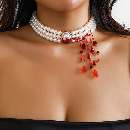 Halloween Imitation Pearl Collar Vintage Gothic Style Blood Drop Necklaces