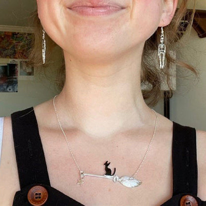 Cat Halloween Ornaments Magic Broom Black Necklaces