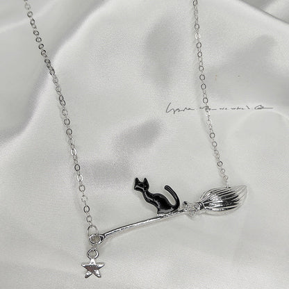 Cat Halloween Ornaments Magic Broom Black Necklaces