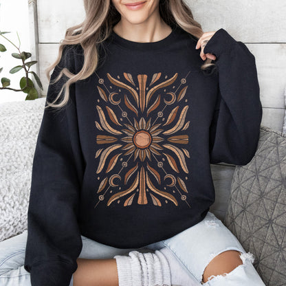Boho Radiant Sun Sweatshirt – Cozy Unisex Pullover – Black Sweatshirt