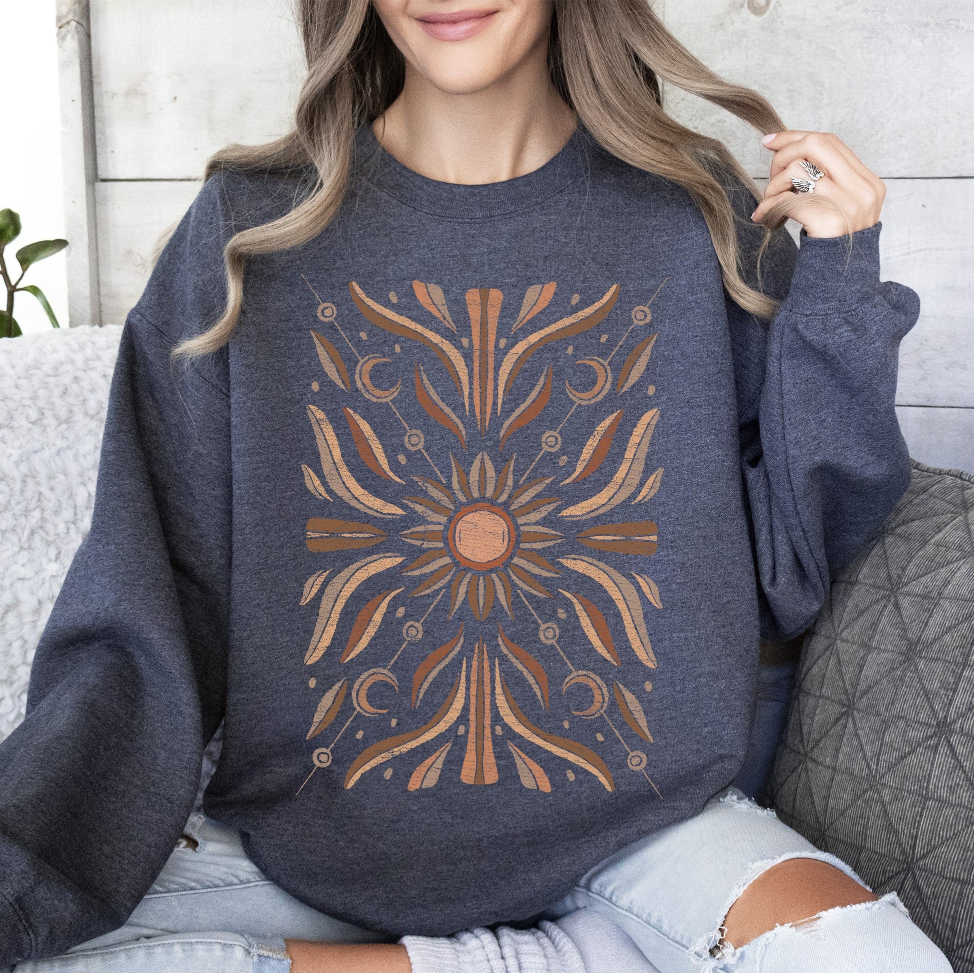 Boho Radiant Sun Sweatshirt – Cozy Unisex Pullover – Heather Dark Grey Sweatshirt