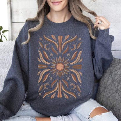 Boho Radiant Sun Sweatshirt – Cozy Unisex Pullover – Heather Dark Grey Sweatshirt