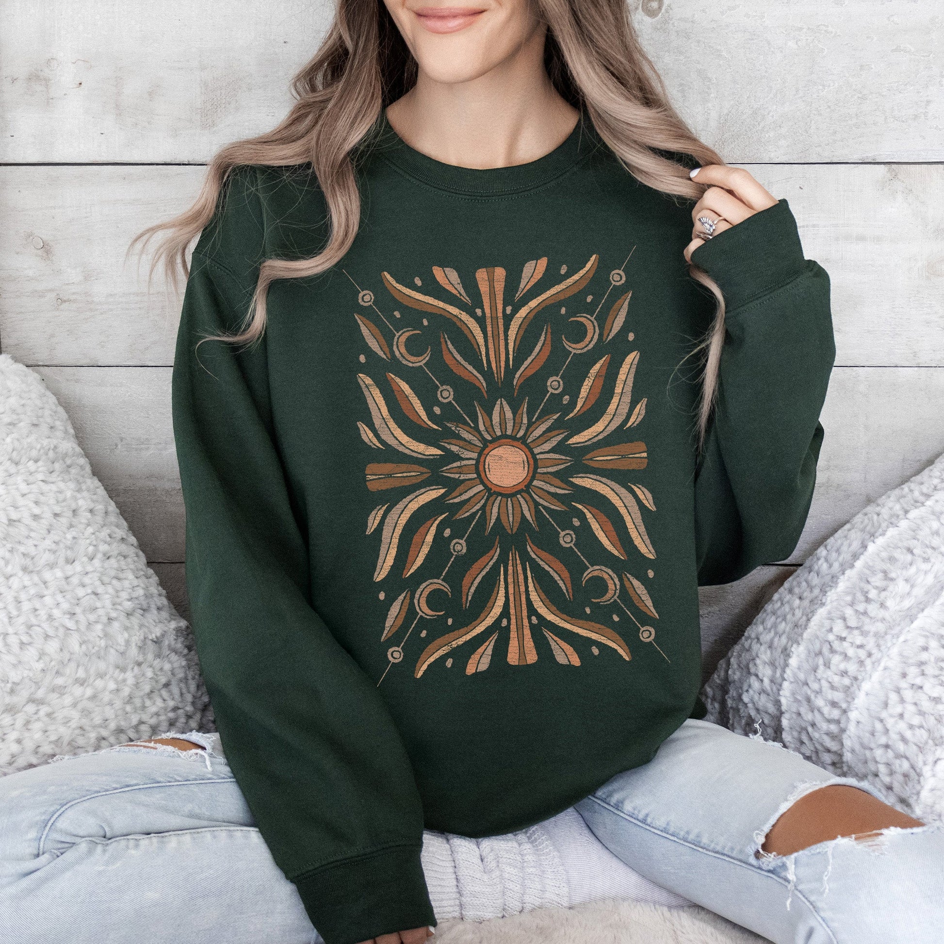 Boho Radiant Sun Sweatshirt – Cozy Unisex Pullover – Forest Green Sweatshirt