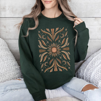 Boho Radiant Sun Sweatshirt – Cozy Unisex Pullover – Forest Green Sweatshirt