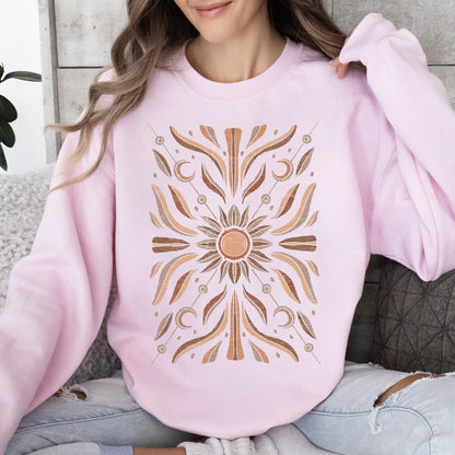 Boho Radiant Sun Sweatshirt – Cozy Unisex Pullover – Light Pink Sweatshirt