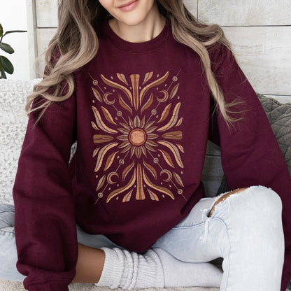 Boho Radiant Sun Sweatshirt – Cozy Unisex Pullover – Maroon Sweatshirt