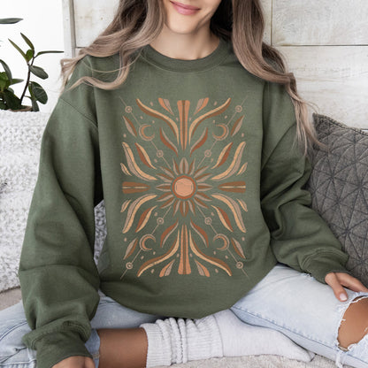 Boho Radiant Sun Sweatshirt – Cozy Unisex Pullover – Military Green Sweatshirt