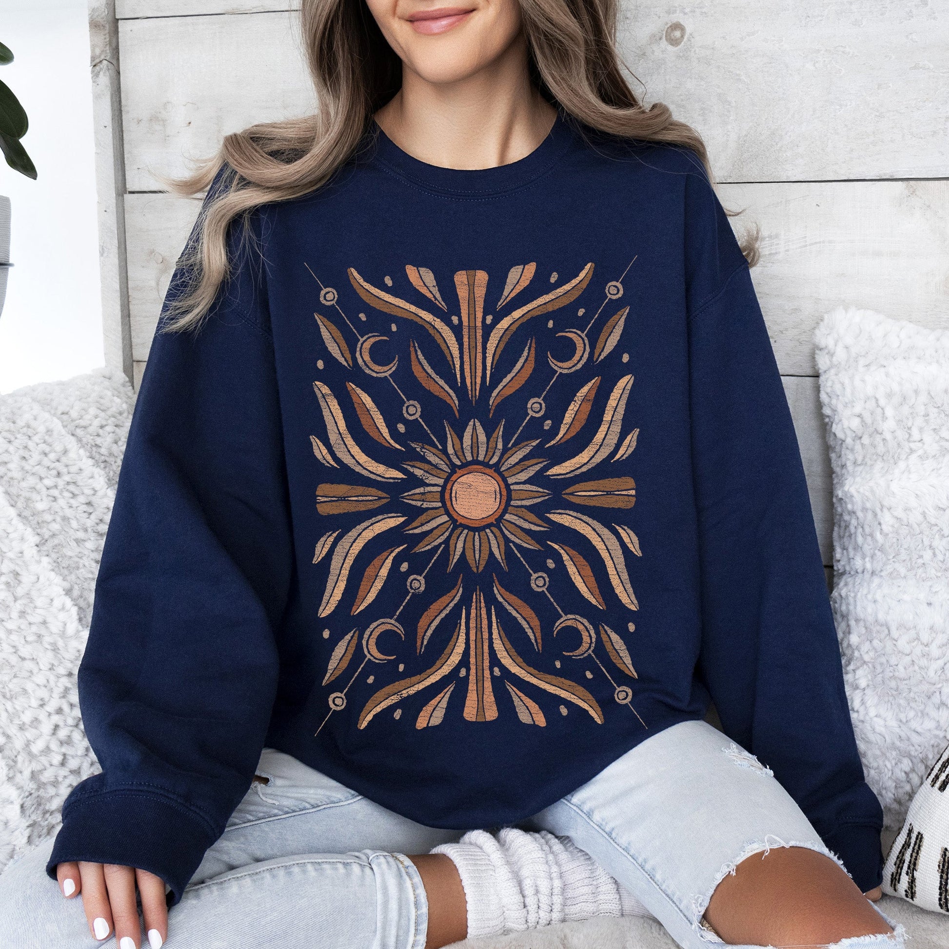 Boho Radiant Sun Sweatshirt – Cozy Unisex Pullover – Navy Sweatshirt