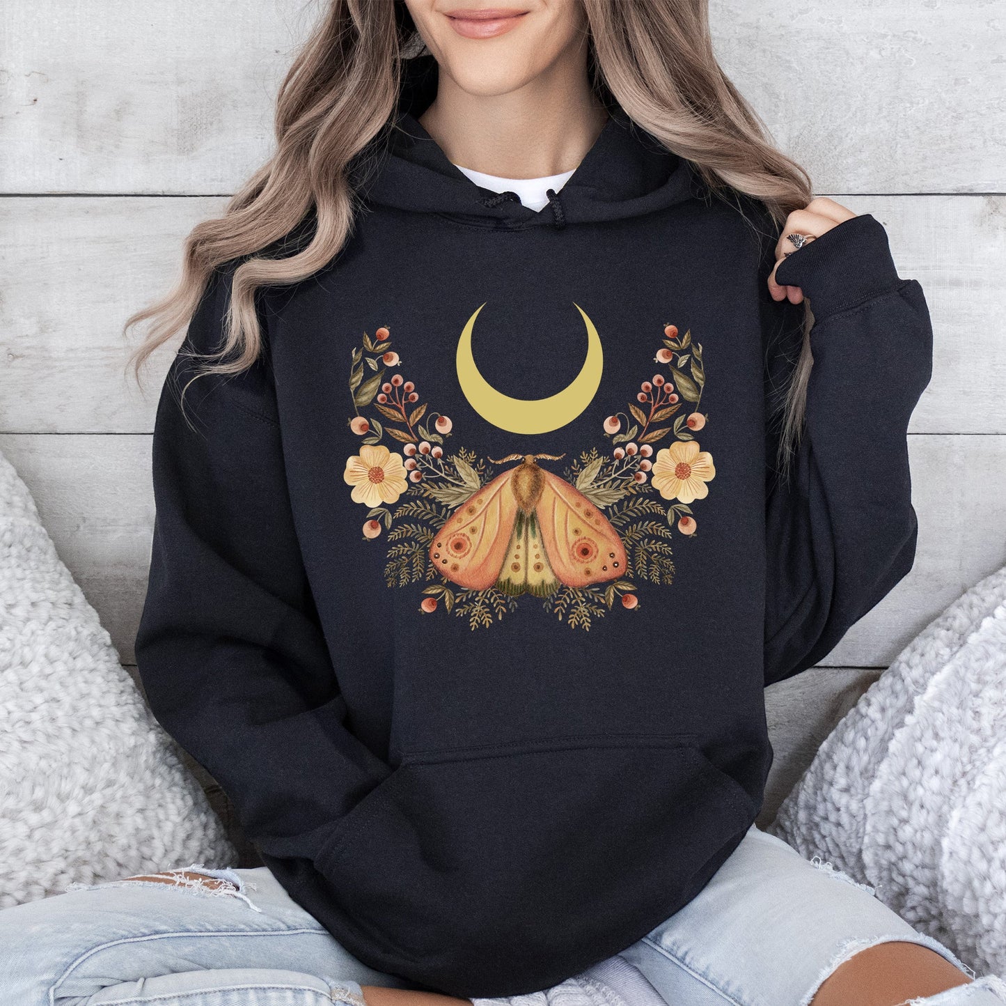 Mystical Moth and Moon, Enchanted Floral Night - Hoodie – Black Hoodie