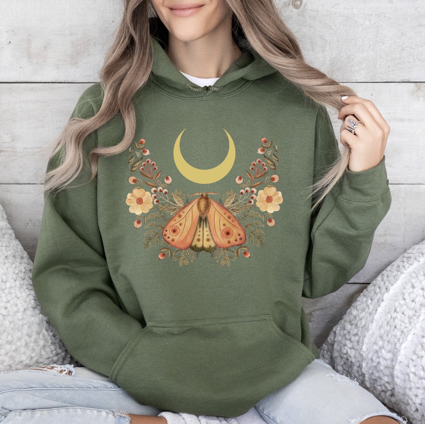 Mystical Moth and Moon, Enchanted Floral Night - Hoodie – Military Green Hoodie