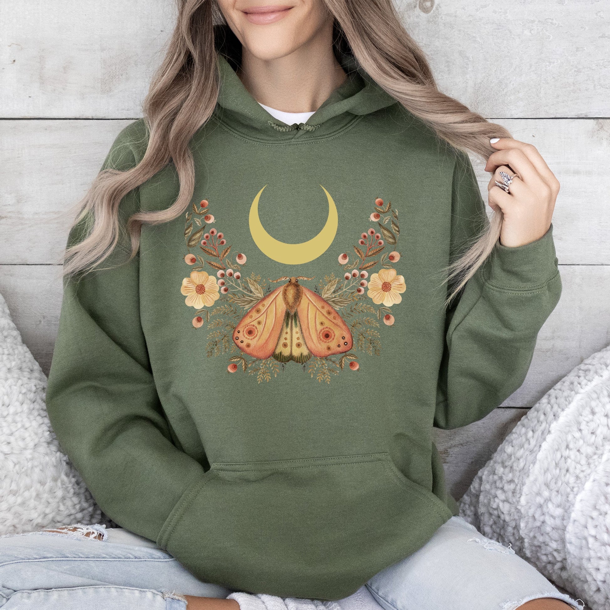 Mystical Moth and Moon, Enchanted Floral Night - Hoodie – Military Green Hoodie