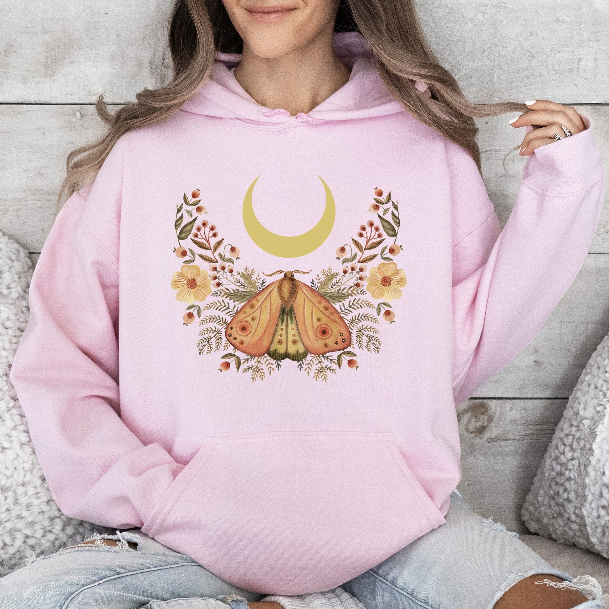Mystical Moth and Moon, Enchanted Floral Night - Hoodie – Light Pink Hoodie