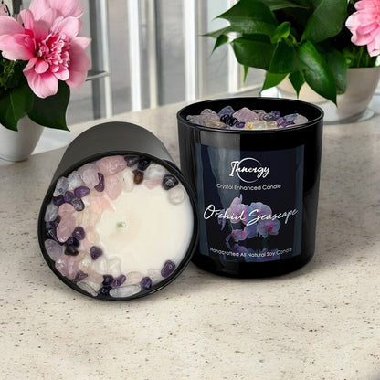 Orchid Seascape Crystal Candle with Amethyst, Rose, and Quartz | Coconut-Soy Wax Candle, 9oz
