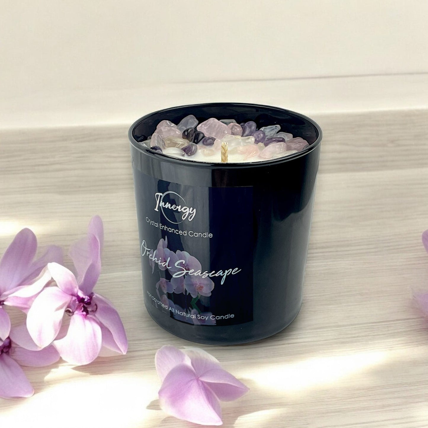Orchid Seascape Crystal Candle with Amethyst, Rose, and Quartz | Coconut-Soy Wax Candle, 9oz