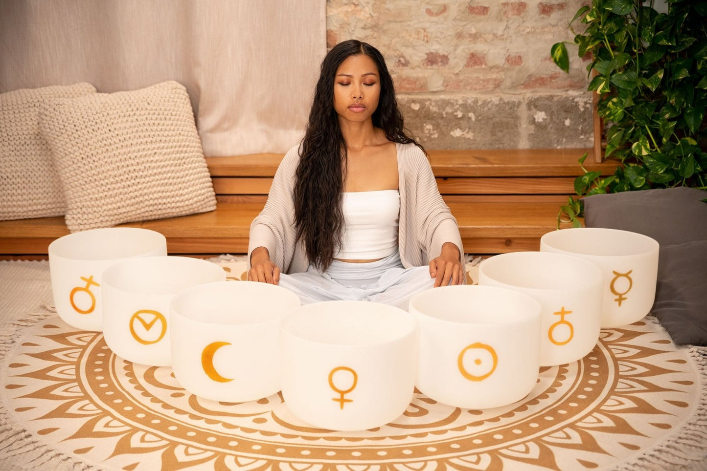 7 Planetary Crystal Singing Bowls – Cosmic Chakra Set | 12" White Frosted Quartz – Planetary Crystal Singing Bowl Set