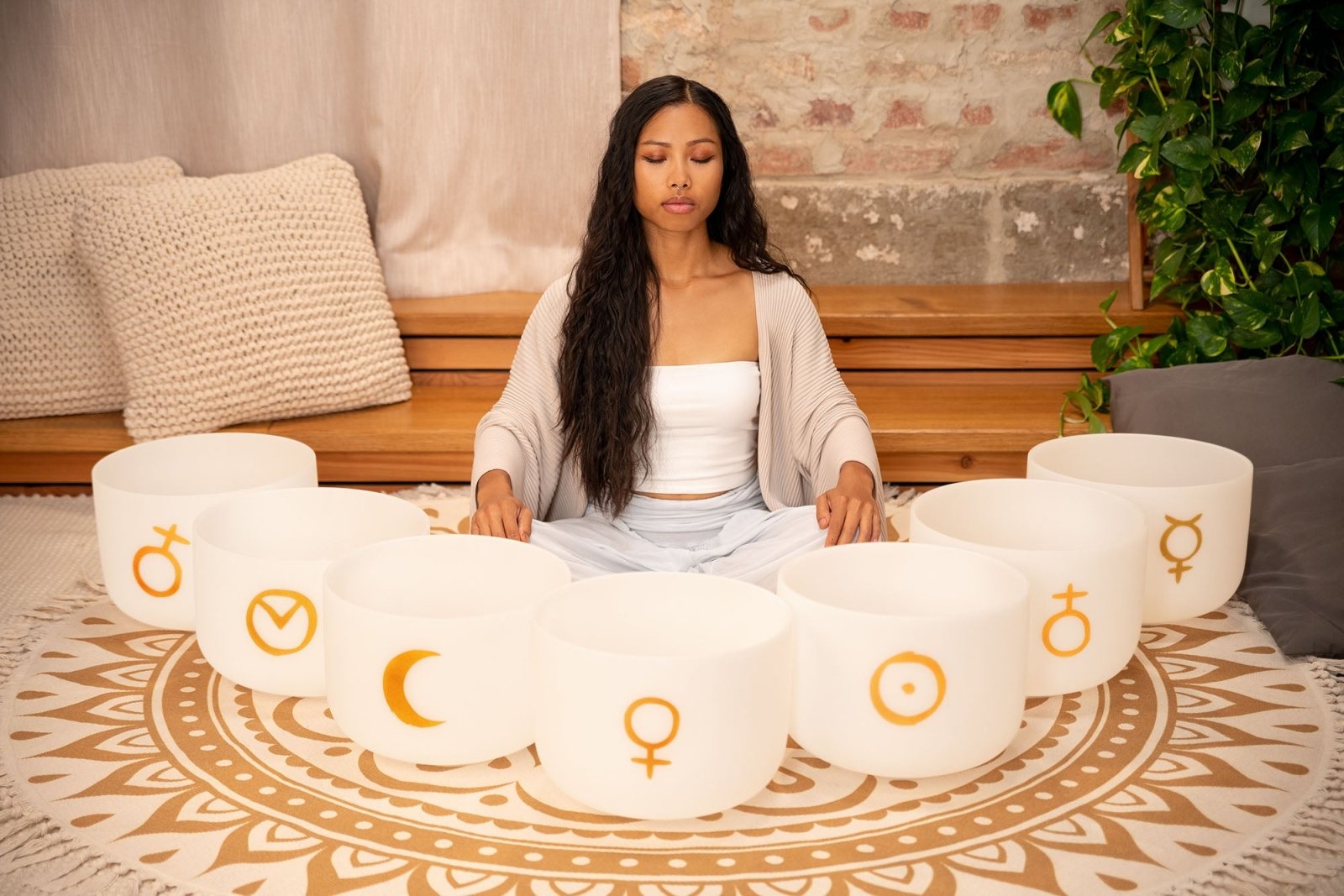 7 Planetary Crystal Singing Bowls – Cosmic Chakra Set | 12" White Frosted Quartz – Planetary Crystal Singing Bowl Set