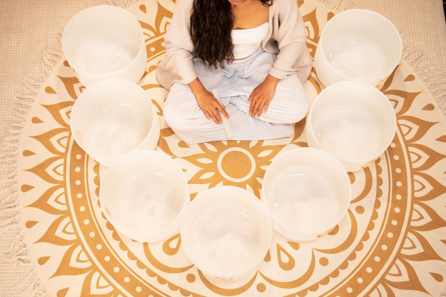 7 Planetary Crystal Singing Bowls – Cosmic Chakra Set | 12" White Frosted Quartz – Planetary Crystal Singing Bowl Set