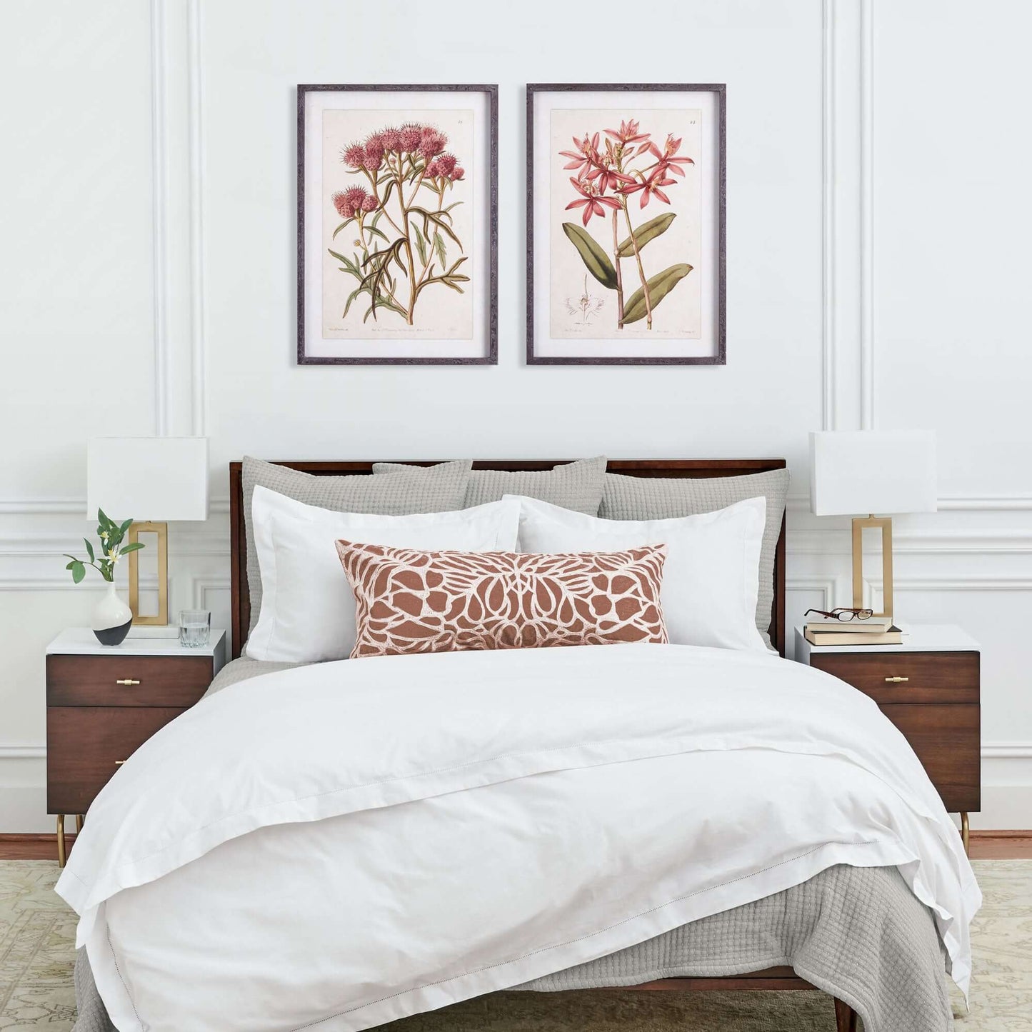 Pink Vintage Botanical Floral Prints - Framed Wall Art Set of 2 – Artwork