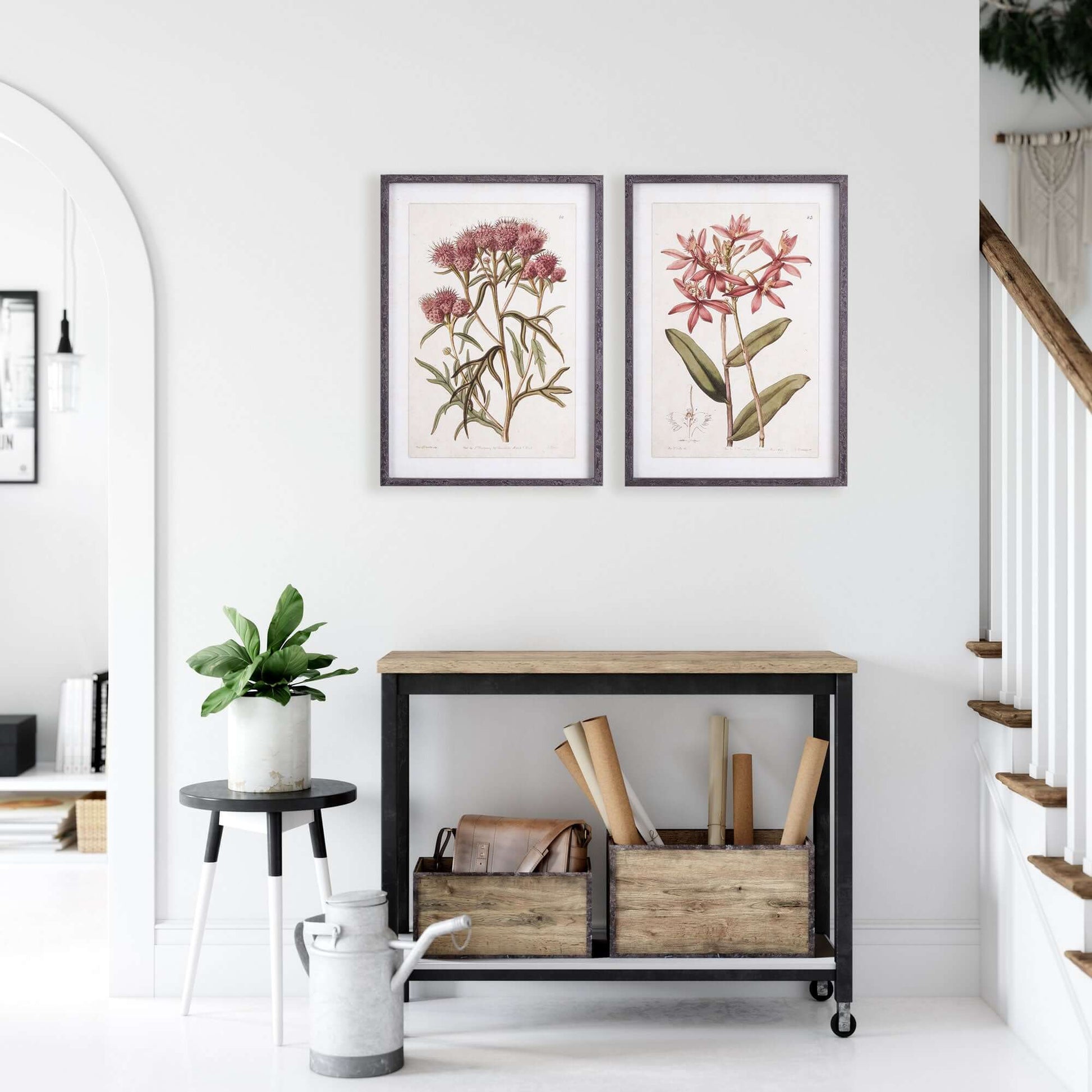 Pink Vintage Botanical Floral Prints - Framed Wall Art Set of 2 – Artwork