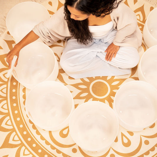 7 Planetary Crystal Singing Bowls – Cosmic Chakra Set | 12" White Frosted Quartz – Planetary Crystal Singing Bowl Set
