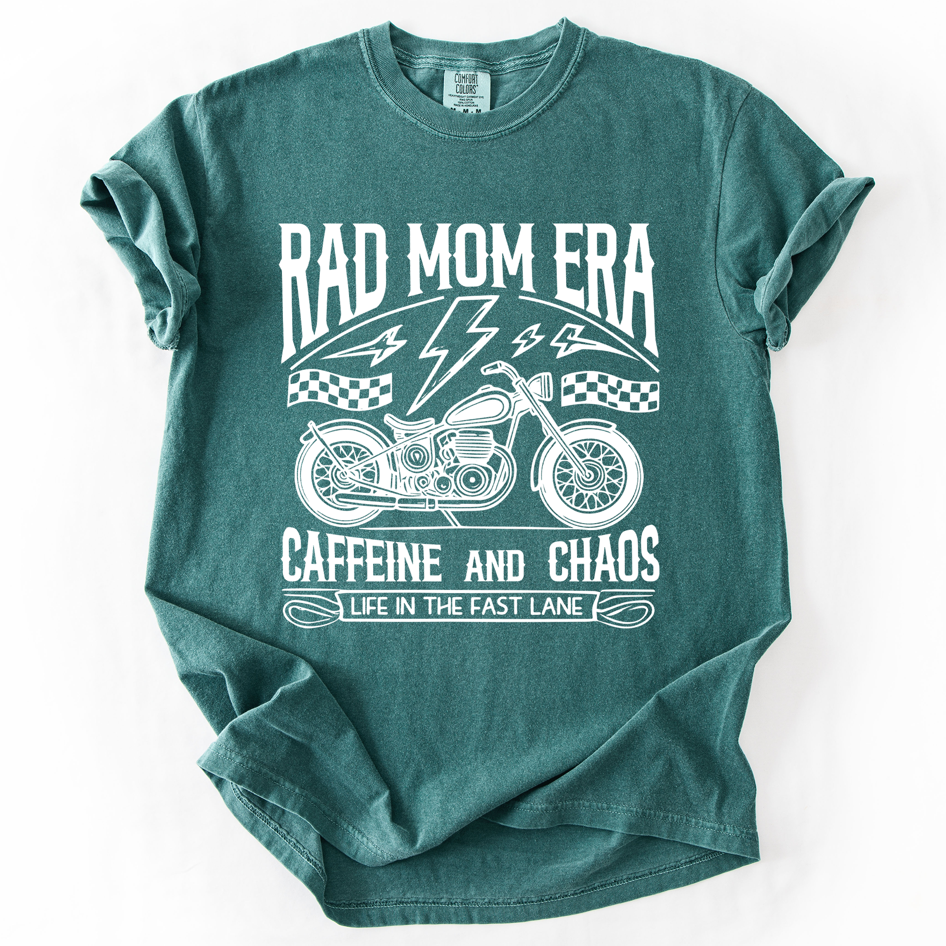 Rad Mom Era, Caffeine and Chaos, Sassy, Mama, Mother, Comfort Colors T-Shirt – Blue Spruce Green T-Shirt